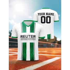 Customizable Kids Soccer Jersey with V-Neck, Polyester Sports Shirt, Medium Stretch Knit Fabric, All-Over Print, Regular Fit, with Name and Number, for Boys and Girls, Casual, Running, Training, Football, Spring/Summer/Fall, Ages 12 and Under