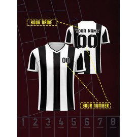 Kids' V-Neck Football Jersey - Custom Name & Number, Breathable Stretch Fabric, Black & White Stripes with Full-Body Print for Soccer, Sports & Casual Wear (Machine Washable, Spring/Fall), Sports Team Apparel, Comfortable Fit Shirt