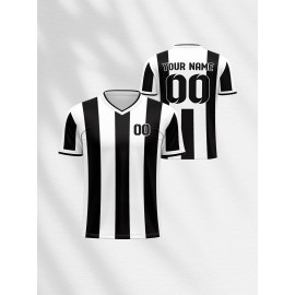 Kids' V-Neck Football Jersey - Custom Name & Number, Breathable Stretch Fabric, Black & White Stripes with Full-Body Print for Soccer, Sports & Casual Wear (Machine Washable, Spring/Fall), Sports Team Apparel, Comfortable Fit Shirt