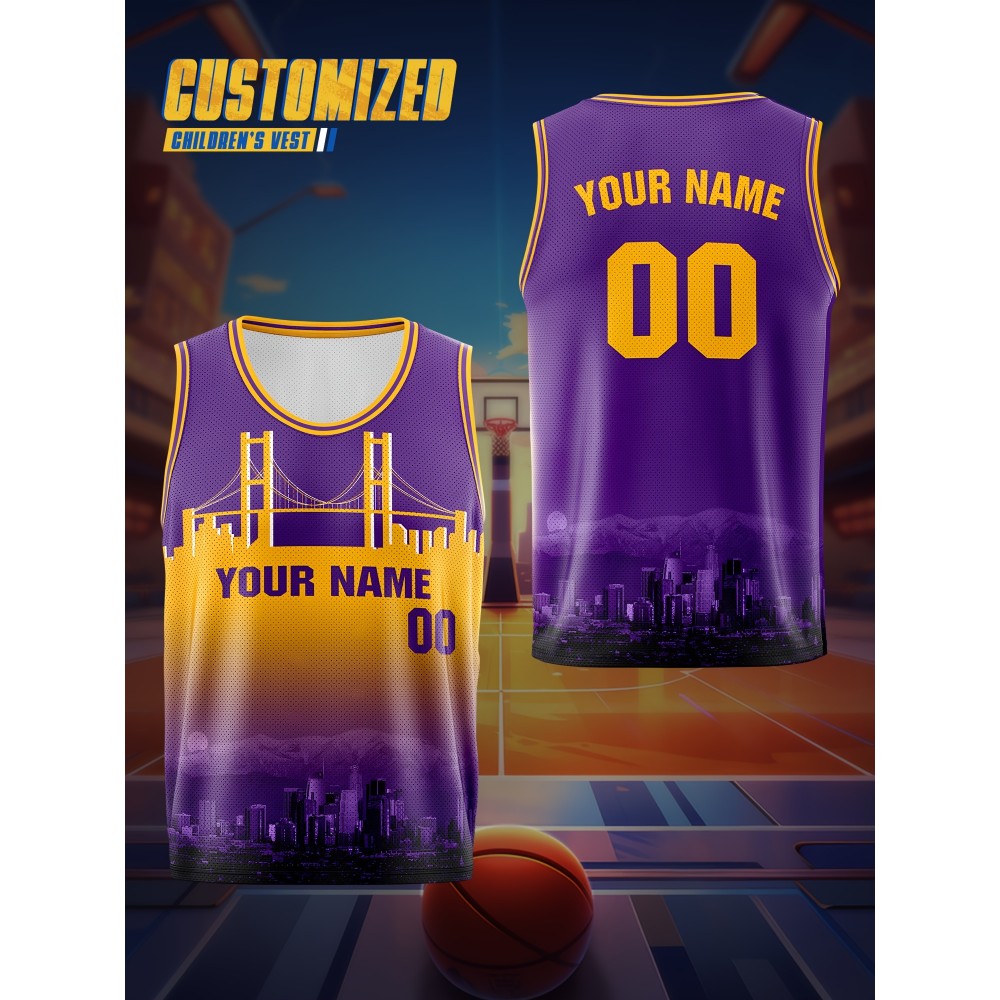 Boys Loose & Breathable Custom Sleeveless Basketball Jersey Shirt, Personalized Bridge Pattern Top For Sports & Exercise