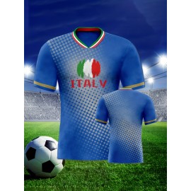 Women's Plus Size Italian Soccer Jersey - V-Neck, Short Sleeve, Breathable & Lightweight Polyester Sports Shirt with ITALY Flag Print, Moisture-Wicking Activewear for Fans & Players, Fan Apparel | Sporty Vneck | Knit Construction
