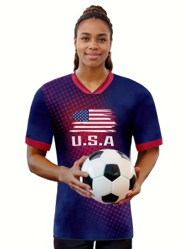 Women's Large Size Professional Sports Fabric Creative Pattern Print USA Home Soccer Jersey T-shirt, Soccer Jersey Flag Uniforms Shirts Breathable And Lightweight, Moisture-Wicking, As Gifts For Sports Fans
