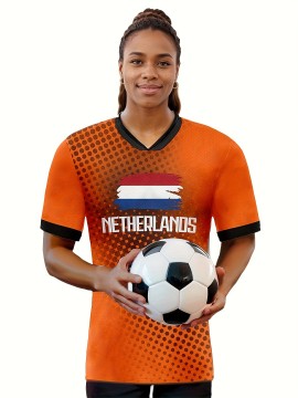 Women's Large Size Professional Sports Fabric Creative Pattern Print Netherlands Home Soccer Jersey T-shirt, Soccer Jersey Flag Uniforms Shirts Breathable And Lightweight, Moisture-Wicking, As Gifts For Sports Fans