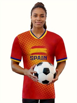 Women's Large Size Professional Sports Fabric Creative Pattern Print Spain Home Soccer Jersey T-shirt, Soccer Jersey Flag Uniforms Shirts Breathable And Lightweight, Moisture-Wicking, As Gifts For Sports Fans