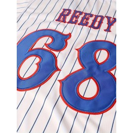 Men's #68 Reedy Embroidered Baseball Jersey - White & Blue Striped Retro Sports Shirt for Parties, Games & Casual Wear