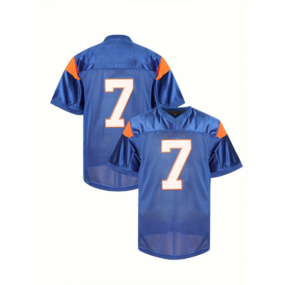 Men's #7 Blue American Football Jersey, 100% Polyester V-Neck Sports Sweatshirt with Letter and Number, Loose Fit Knit Fabric for Party, Team Sports, Four Seasons, Football Gear