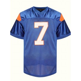 Men's #7 Blue American Football Jersey, 100% Polyester V-Neck Sports Sweatshirt with Letter and Number, Loose Fit Knit Fabric for Party, Team Sports, Four Seasons, Football Gear