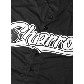 1pc Men'S Black V-Neck Polyester Baseball Jersey with Embroidered Lettering and Number - Slight Stretch Knit Fabric, Loose Fit, Button Closure, Sports & Party Wear for Four Seasons